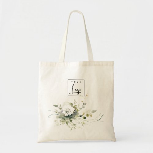 Modern Boho Abstract Green White Floral Logo Tote Bag