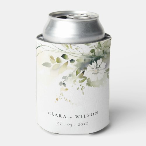 Modern Boho Abstract Green White Floral Wedding Can Cooler