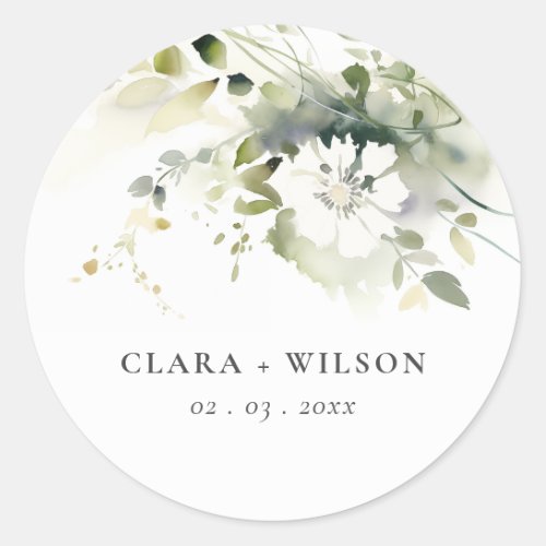 Modern Boho Abstract Green White Floral Wedding Classic Round Sticker