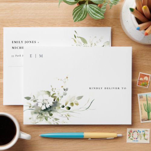 Modern Boho Abstract Green White Floral Wedding Envelope