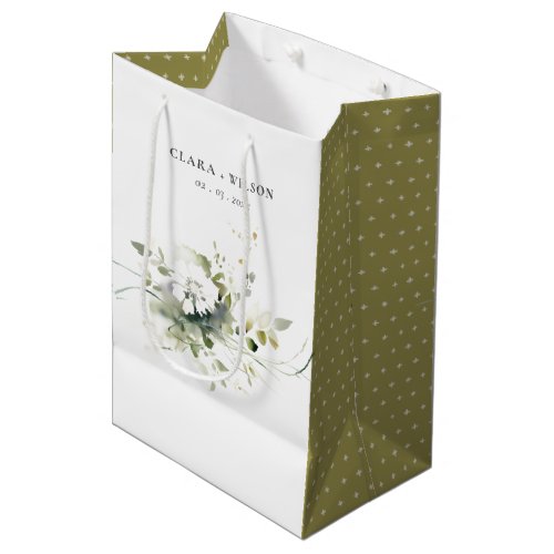 Modern Boho Abstract Green White Floral Wedding Medium Gift Bag