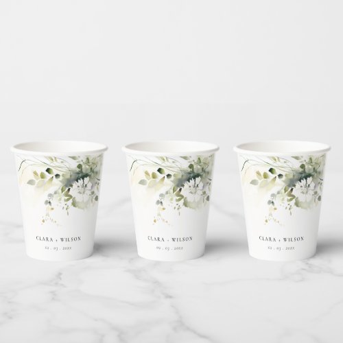 Modern Boho Abstract Green White Floral Wedding Paper Cups