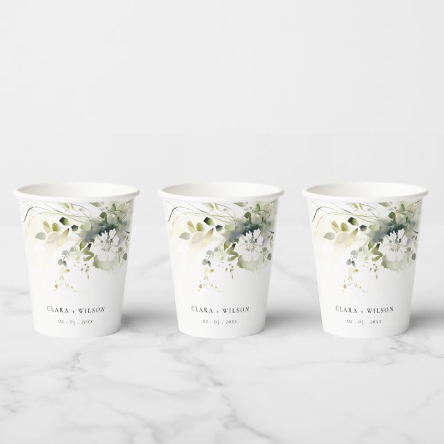 Modern Boho Abstract Green White Floral Wedding Paper Cups (Multi)