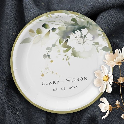Modern Boho Abstract Green White Floral Wedding Paper Plates