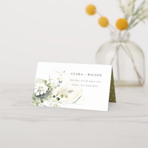 Modern Boho Abstract Green White Floral Wedding Place Card