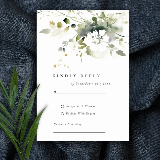 Modern Boho Abstract Green White Floral Wedding RSVP Card (Creator Uploaded)