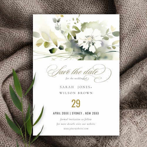 Modern Boho Abstract Green White Floral Wedding Save The Date