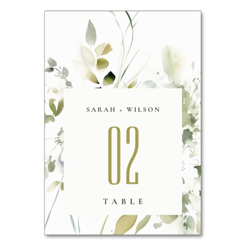 Modern Boho Abstract Green White Floral Wedding Table Number