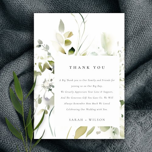 Modern Boho Abstract Green White Floral Wedding Thank You Card