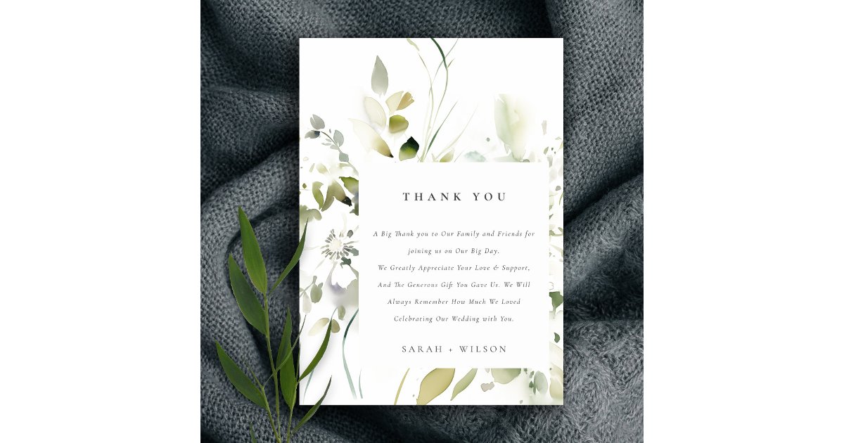 Modern Boho Abstract Green White Floral Wedding Thank You Card | Zazzle
