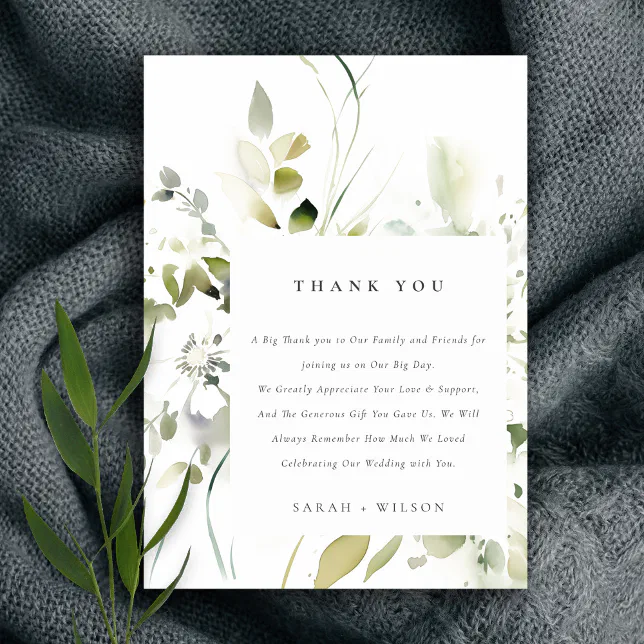 Modern Boho Abstract Green White Floral Wedding Thank You Card | Zazzle