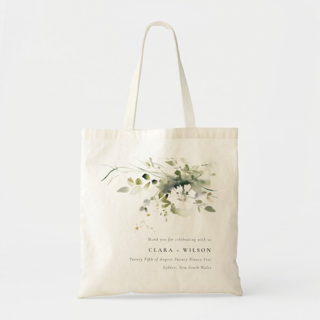 Modern Boho Abstract Green White Floral Wedding Tote Bag (Front)