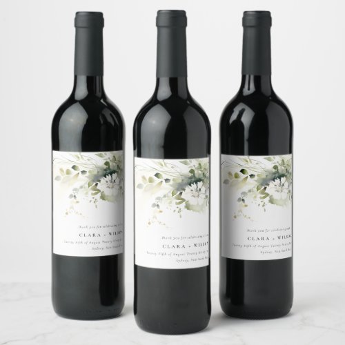 Modern Boho Abstract Green White Floral Wedding Wine Label