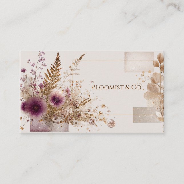 Modern Boho Abstract Purple Thistle Gold Geometric Business Card (Front)