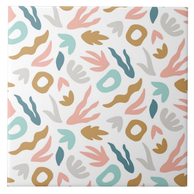 Modern Boho Abstract Shapes Pattern in Teal, Terra Ceramic Tile (Front)