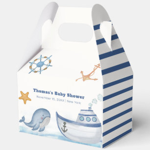 Modern Boho Ahoy Boy Whale Sailboat Baby Shower Favor Boxes