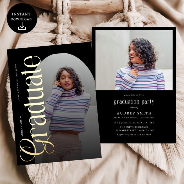 Modern Boho Arch 2 Photos Graduation Foil Invitation (Creator Uploaded)