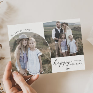 Modern Boho Arch 2 Photos Happy Holidays Letterpress Photo Cards