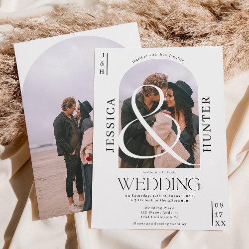 Modern boho arch 2 photos wedding black white invitation