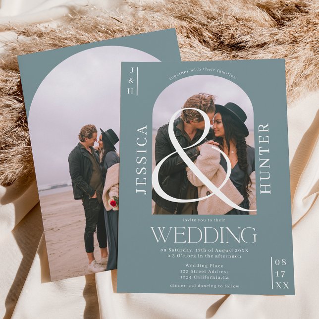 Modern boho arch 2 photos wedding dusty blue invitation (Creator Uploaded)