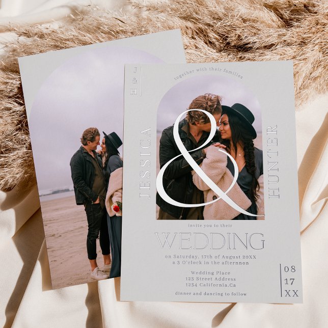 Modern boho arch 2 photos wedding gray foil invitation (Creator Uploaded)