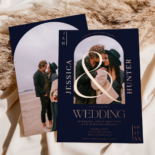 Modern boho arch 2 photos wedding navy blue foil invitation