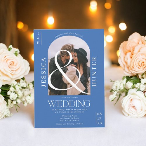 Modern boho arch 2 photos wedding retro blue invitation