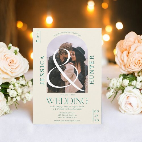 Modern boho arch 2 photos wedding retro green invitation