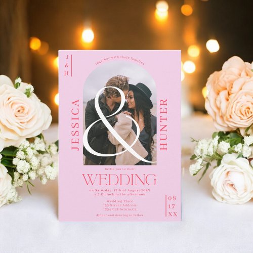 Modern boho arch 2 photos wedding retro pink invitation