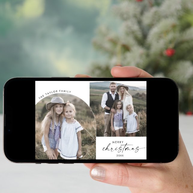 Modern Boho Arch 3 Family Photos Christmas News Ho Holiday Card (Front Digital)