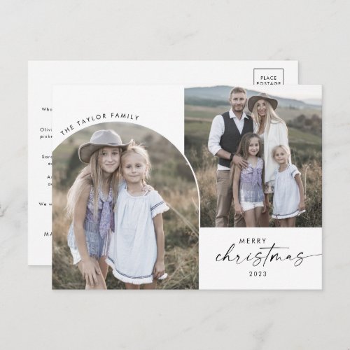 Modern Boho Arch 3 Family Photos Christmas News Holiday Postcard