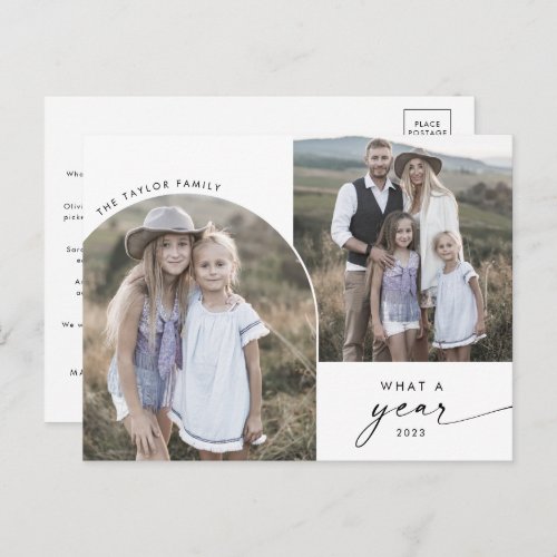 Modern Boho Arch 3 Family Photos What A Year News Holiday Postcard