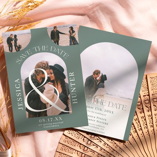 Modern boho arch 4 photos wedding sage green save the date