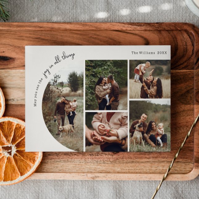 Modern Boho Arch Beige Joy In All Things 5 Photo Holiday Card (Creator Uploaded)