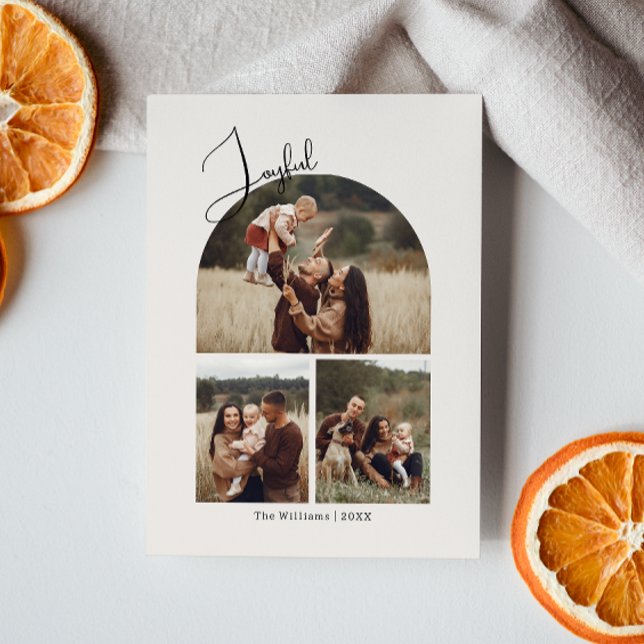 Modern Boho Arch Beige Joyful Four Photo Holiday Card (Creator Uploaded)