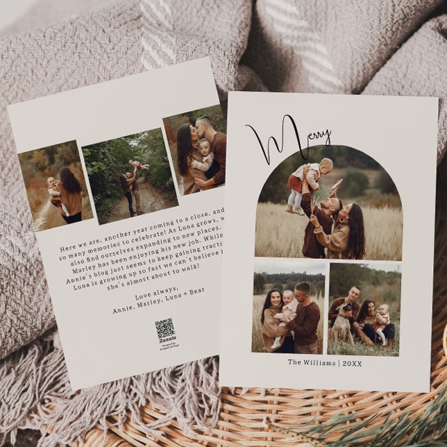 Modern Boho Arch Beige Merry Six Photo  Holiday Card (Creator Uploaded)