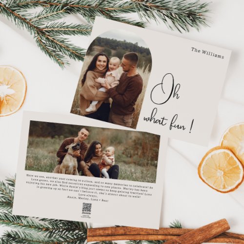 Modern Boho Arch Beige Oh What fun Two Photo Holiday Card