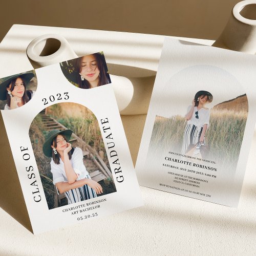 Modern boho arch black white 4 photo graduation invitation