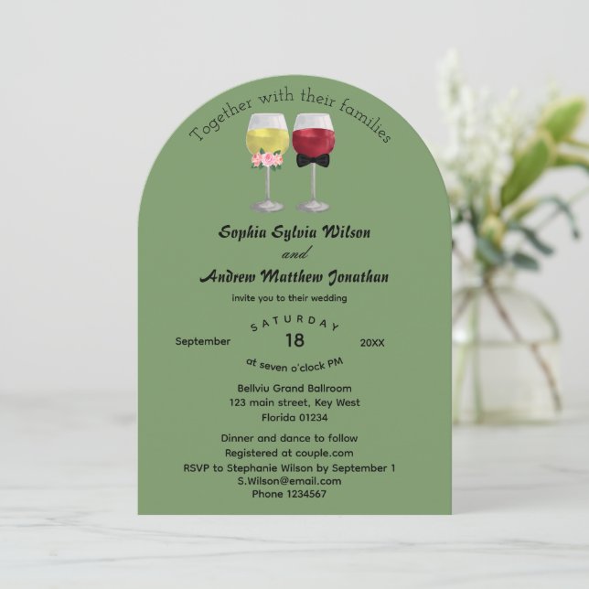 Modern Boho Arch Couple Wine Wedding Invitation (Standing Front)