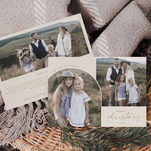 Modern Boho Arch Cream 3 Family Photos Christmas Holiday Card