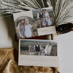 Modern Boho Arch | Cream 3 Family Photos Holiday Card<br><div class="desc">This modern boho arch cream 3 family photos holiday card is the perfect modern holiday greeting. The bohemian cream and gold design features unique industrial lettering typography with minimalist vintage style. Personalize the card with 3 photos (2 on the front and 1 on the back), your family name, first names,...</div>