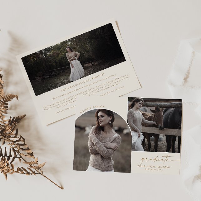 Modern Boho Arch Cream Graduate 3 Photo Graduation Announcement (Creator Uploaded)