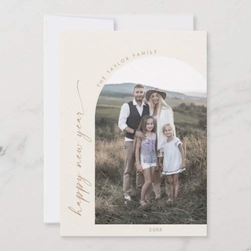 Modern Boho Arch  Cream Happy New Year Photo Holiday Card