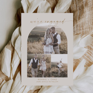 Modern Boho Arch Cream Photo Collage Engagement Announcement