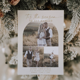 Modern Boho Arch Cream Photo Collage Engagement Holiday Card