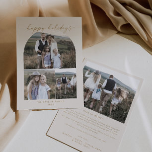 Modern Boho Arch Cream Photo Collage Family Holiday Card