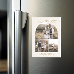 Modern Boho Arch Cream Photo Collage Save the Date Magnetic Invitation