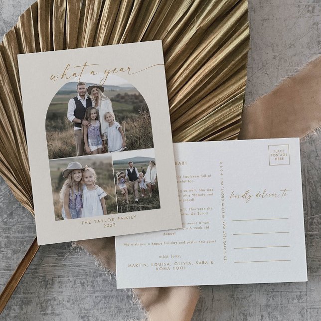 Modern Boho Arch Cream Photo Collage What A Year Holiday Postcard (Creator Uploaded)