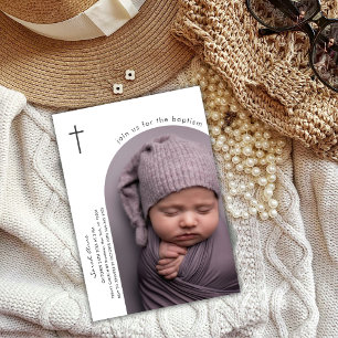 Modern Boho Arch Cross Baby Photo Baptism Invitation