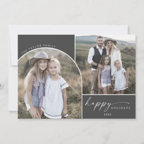 Modern Boho Arch  Gray 3 Family Photos Holiday Card